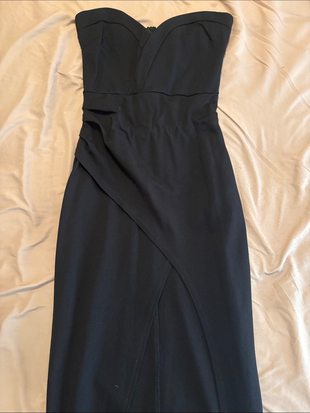 Strapless Black Ruched Midi Dress
